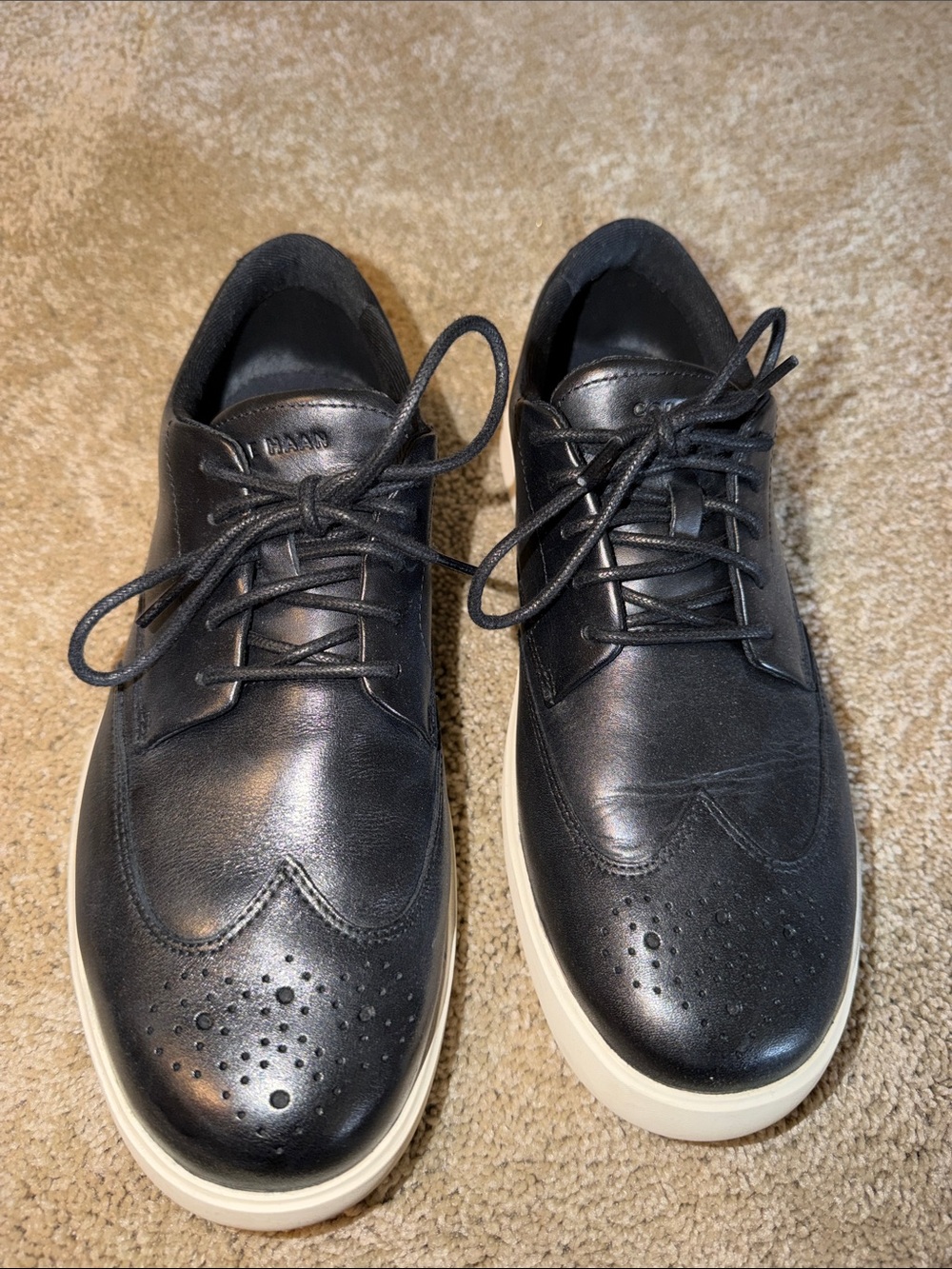 Cole Haan Black Leather Wingtip Derbys with White Soles